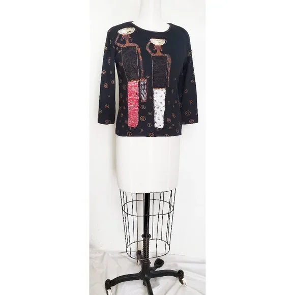 Chico's Womens African Ethnic Print Africa 3/4 Sleeve Jersey Shirt Top XS/S - Picture 2 of 8